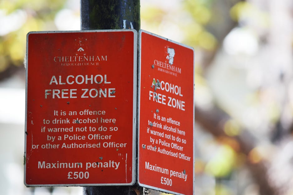 A close-up of two red rectangular alcohol-free zone signs mounted on a black post outdoors, with a background of blurred green and yellow foliage. The signs feature white text indicating restrictions on drinking alcohol in the area, mentioning Cheltenham Borough Council and the maximum penalty of £500 for violations. The signs appear weathered with some minor scratches and peeling paint, and are illuminated by natural daylight, highlighting their clear, legible lettering. The surrounding environment suggests a park or public outdoor space, aligning with local regulations for maintaining hygiene and safety, relevant to surface and area management within commercial cleaning guidelines as per Westminster Council rules for Maida Vale, W9, discussed by Carpet Cleaners W9.